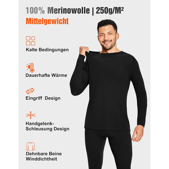 Чоловічий комплект білизни зі 100 мериносової вовни, м&39яка зимова термобілизна, тепла лижна білизна з мериносової вовни, сорочка з довгими рукавами та штани (розміри M-XXL) XL 250 г/м Чорний