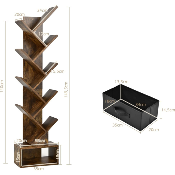 Рівнева книжкова полиця з шухлядою, книжкова полиця/полиця для CD/DVD у формі дерева, окремостояча полиця у формі дерева, перегородка для кімнати/полиця для файлів/полиця для зберігання, дерев&39яна, 38x20x149,5 см, вінтажний коричневий колір, 10-