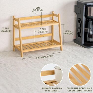 Бамбуковий кухонний органайзер, 2-рівнева полиця для чашок та спецій, підходить для зберігання аксесуарів для матчі та кави на кухні, вдома та в офісі