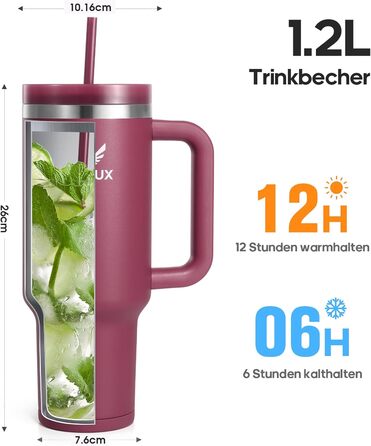 Пляшка для пиття об&39ємом 1,2 л з трубочкою - Термокружка з ручкою, що запобігає протіканню - Двостінна вакуумна ізоляція - Термокружка з трубочкою та кришкою, що захищає від бризок (темно-червона)