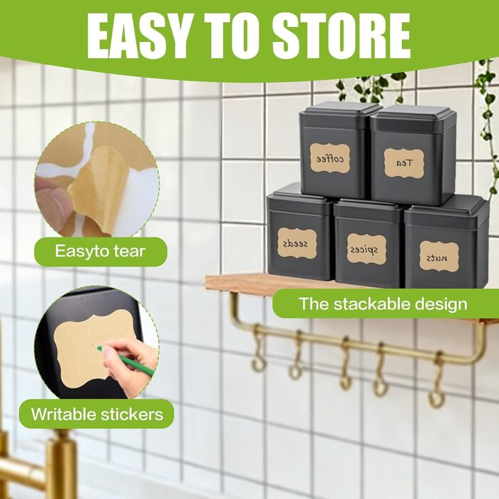 Класичних квадратних чайних банок, 7 x 7 x 8,5 см, для розсипного чаю, включаючи 20 етикеток, набір металевих ароматизованих чайних банок, місце для зберігання чаю, кави, цукру (чорні), 10