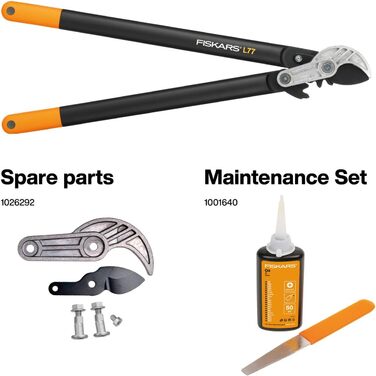 Садові секатори Fiskars PowerGear з механізмом передачі для сухого гілля та пагонів, з нарізним та тупим лезом, антипригарним покриттям, виготовлені з міцної інструментальної сталі, довжина 69 см, чорно-помаранчеві, L77, 1000583 L77 (діаметр гілок до 5 см