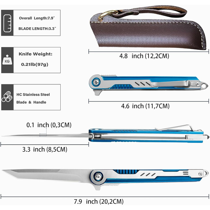 Одноручний ніж IKORES, складаний ніж зі шкіряним чохлом і кишеньковою кліпсою, одноручний ніж з лезом з нержавіючої сталі, для чол