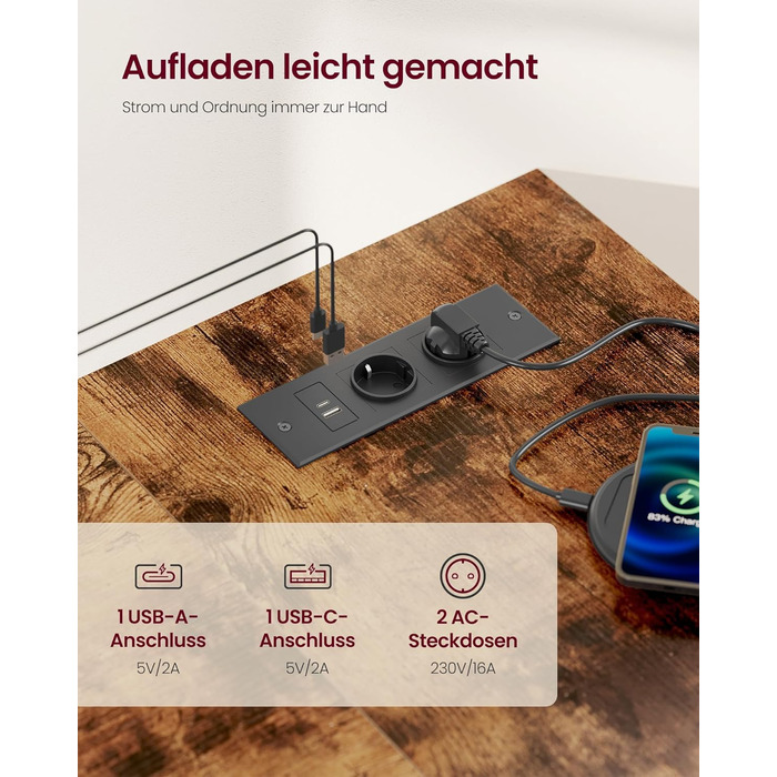 Г-подібний кутовий стіл, комп&39ютерний стіл з місцем для зберігання, офісний стіл, полиця з регульованою висотою, для домашнього офісу, з 2 розетками змінного струму та 2 USB-портами, 120 x 80 см, вінтажно-коричневий LWD132KD01 Подовжувач живлення 120 x 