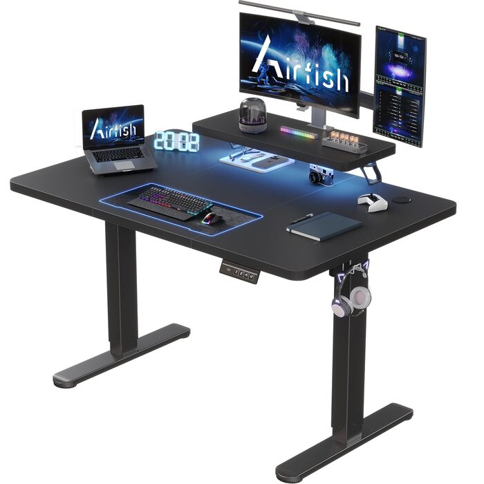 Стіл Airfish з регульованою висотою 120 x 60 см зі світлодіодним освітленням, електрично регульований по висоті стіл зі знімним кріпленням для монітора, регульований стіл для домашнього офісу та ігор, чорний 120 x 60 см