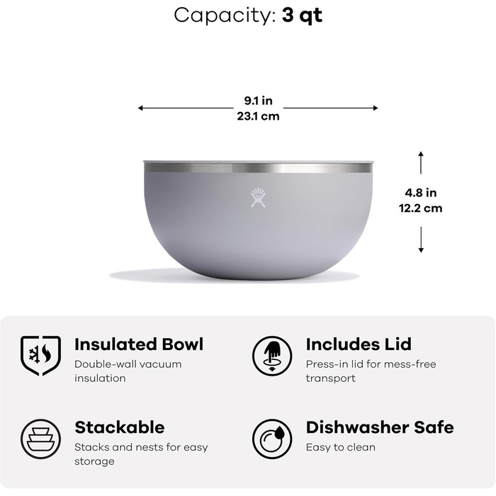 Ізольована миска для сервірування на відкритому повітрі Hydro Flask - Контейнер для їжі з нержавіючої сталі з кришкою - Camping Kitchen Essentials 3 Qt Surf Blue Surf 3 Qt 3 Qt