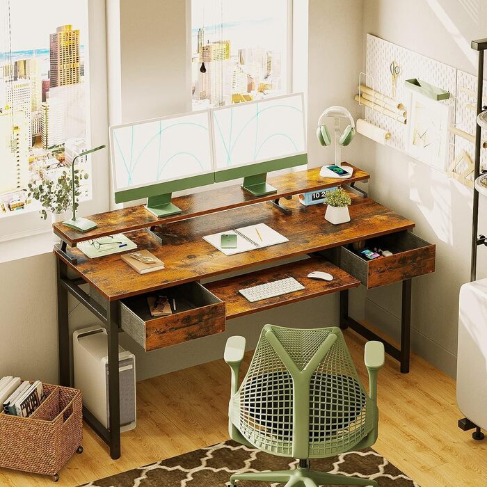 Стіл ODK з 2 шухлядами, комп'ютерний стіл з лотком для клавіатури, офісний стіл для ПК з регульованою по висоті полицею для моніто