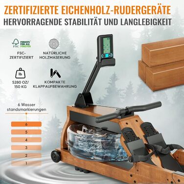 Водний гребний тренажер для домашнього використання, високоякісний складний водний гребний тренажер з масиву дерева, з професійним Bluetooth-монітором та тримачем для планшета, максимальне навантаження 150 кг R623-51-NEW