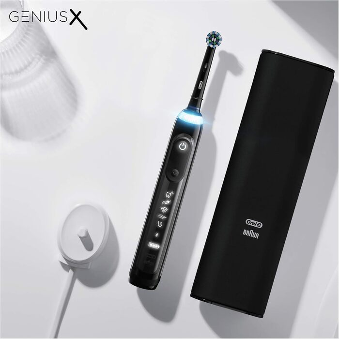 Електрична зубна щітка Oral-B Genius X, 6 режимів чищення зубів для догляду за зубами, додаток зі штучним інтелектом і Bluetooth, розроблений Braun, зарядний дорожній кейс, чорний Oral-B Genius X Black