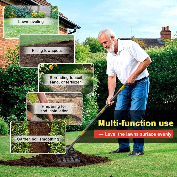 Професійний скребок для газону 43x25 см з лазерною різкою та регульованою ручкою - посилені шви та гладка кромка для вирівнювання ґрунту, розкидання добрив, мульчування та ландшафтного дизайну/152 см, синій