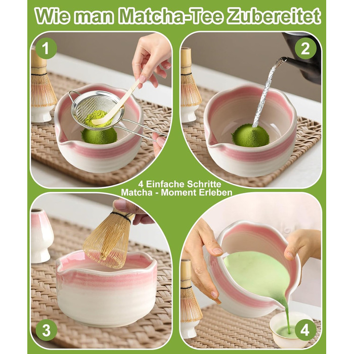 Набір для матча JBER Рожевий Градієнт бамбуковий вінчик (часен), чаша для матча з носиком, підставка для вінчика, ситечко, ложка та підставка, японський набір для поціновувачів матча