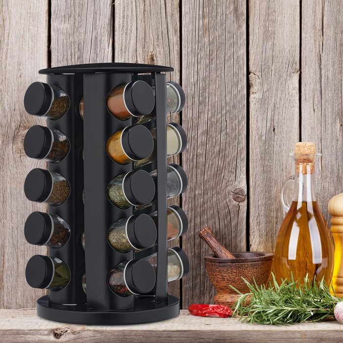 Карусель для спецій Relaxdays з 20 баночками для спецій, включаючи вставку-шейкер, обертова, багаторазова підставка для спецій для кухні, чорна