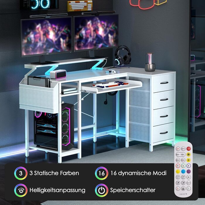 Подібний стіл Yeshine 140 см з підставкою для клавіатури, ігровий стіл з USB-портом зарядки та розеткою, комп&39ютерний стіл з RGB-підсвічуванням та шухлядами для роботи, навчання, відпочинку, білий