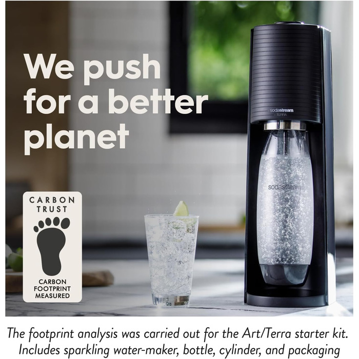 Нагрівач газованої води SodaStream Terra, з 1-літровою багаторазовою пляшкою для води без BPA для карбонізації та газовим балоном Quick Connect CO2 об'ємом 60 літрів - чорний