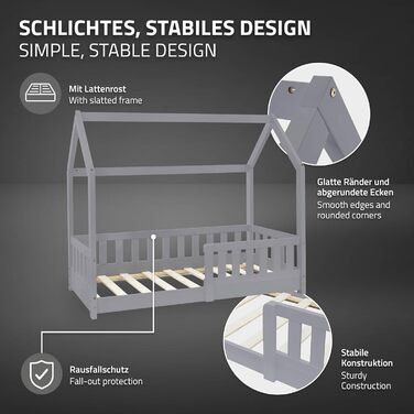 Дитяче ліжко ML-Design 70x140 см світло-сірого кольору з матрацом, поручнями, дахом та рейковою основою, ліжко-будиночок для дівчаток та хлопчиків, ліжко-будиночок із сосни, ігрове ліжко, підлогове ліжко, дитяче ліжко, дерев&39яне ліжко-будиночок 70 x 140