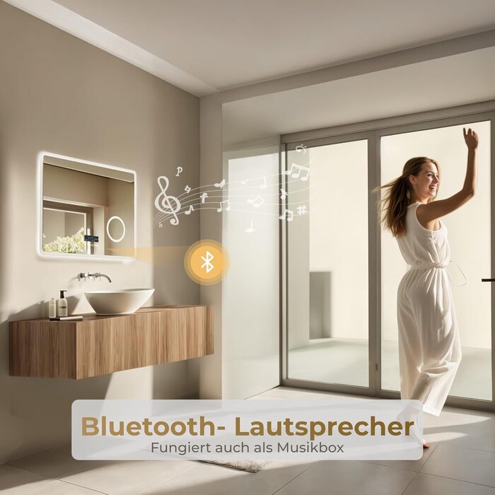 Світлодіодне дзеркало для ванної кімнати Heilmetz Bluetooth 80x60см, дзеркало для ванної кімнати з підсвічуваннямгодинникантизапотевання3-кратне збільшення, дзеркало для ванної кімнати з підсвічуванням 6500K холодного білого кольору, енергозберігаюче з Bl