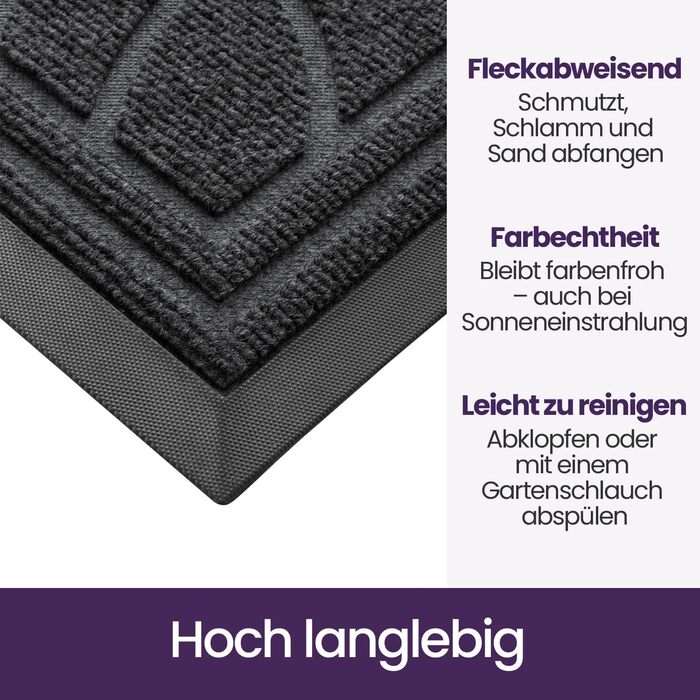 Килимок для вулиці DEXI, нековзкий, 60 x 90 см, миючий килимок для уловлювання бруду, водонепроникний, килимок для вхідних дверей, балконних або патіо дверей, сірий, 60 x 90 см (прямокутний)
