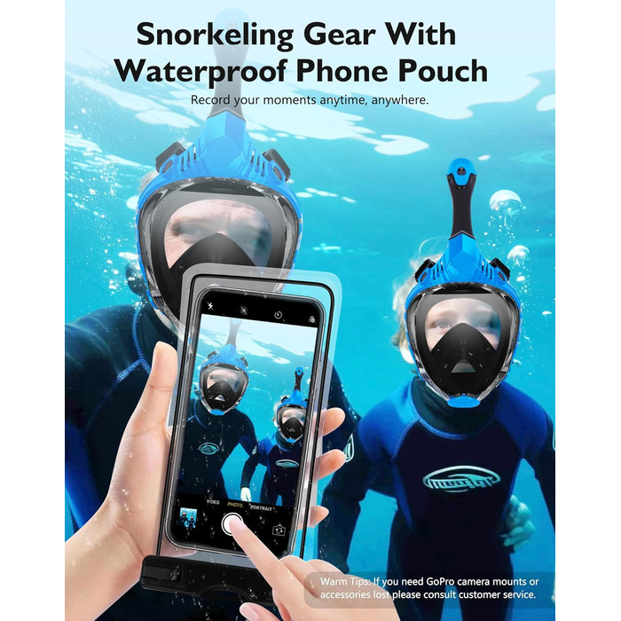 Маска для підводного плавання VGKE для дорослих, панорамний вид HD на 180 градусів, маска для дайвінгу з водонепроникною кишенею для телефону, захист від протікання та запотівання, вільно дихає, підходить для чоловіків/жінок, синя, розмір L-XL