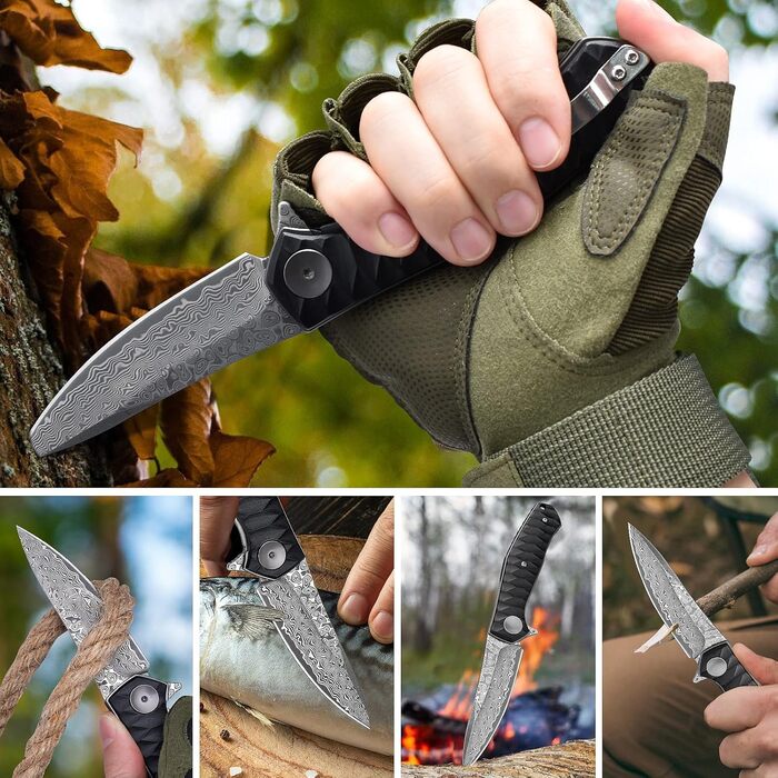 Кишеньковий ніж з дамаської сталі AUBEY з кліпсою, гострий дамаський ніж складний з лезом з дамаської сталі, фліпером, алюмінієвою