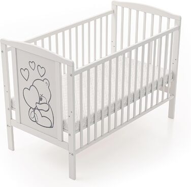 Звичайне дитяче ліжко, дитяче ліжко, ліжко для малюків Timmi з матрацом, виготовлене з масиву дерева, 3 положення регулювання висоти, 60x120 см, біле