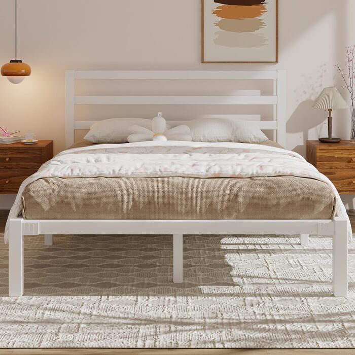 Ліжко 140200 см, металевий каркас ліжка з платформою, узголів&39ям та узніжжям, місце для зберігання речей під ліжком, рейкова основа не потрібна, легке складання, сучасне, біле 140 x 200 см