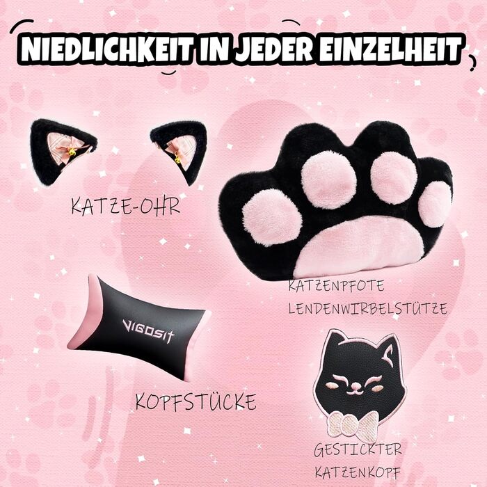 Миле ігрове крісло з поперековою подушкою у формі котячої лапи та котячими вушками, ергономічне ігрове крісло з підставкою для ніг, розкладне ігрове крісло для ПК для дівчаток, підлітків, дітей, чорно-рожеве