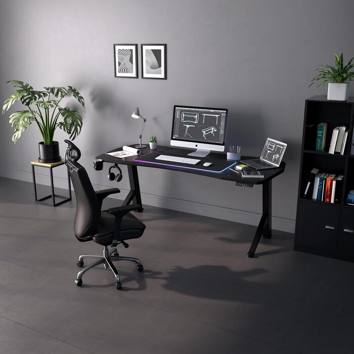 Ігровий стіл Ultimate Setup, регульована висота, електричний, чорний, ігровий стіл, ігровий стіл, ігровий стіл 180x80 см, карбонове покриття для ігрової кімнати, чорна рама 180x80x2,5 см