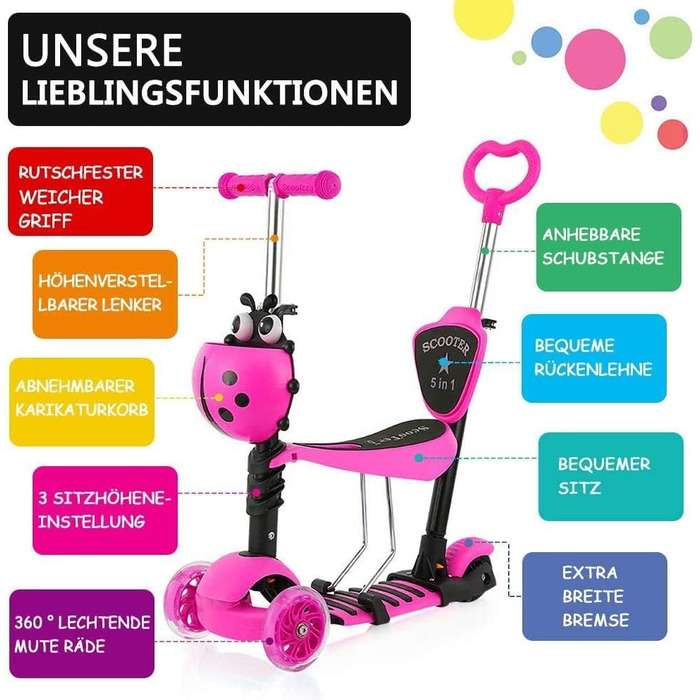 В-1 Дитячий самокат Самокат зі знімним кошиком для мультфільмів Сидіння штовхач Світлодіодні великі колеса Зручна спинка Регульова