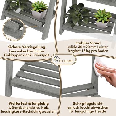 Квіткова драбина S 52x424см світло-сіра - 2-ярусна квіткова драбина, декоративна та стійка до атмосферних впливів, виготовлена з масиву дерева - підставка для рослин для квартири, балкону, тераси, для вулиці та приміщень, складна, S - 52x424см