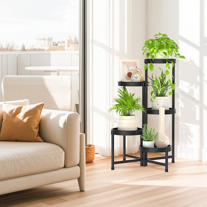 Рівнева підставка для рослин з металу та пластику, підставка для квітів для приміщень/вулиці, багаторівнева полиця для рослин/квітів для використання на вулиці, балкон, вітальня, тераса, (чорна) 5 рівнів, чорний, 5-