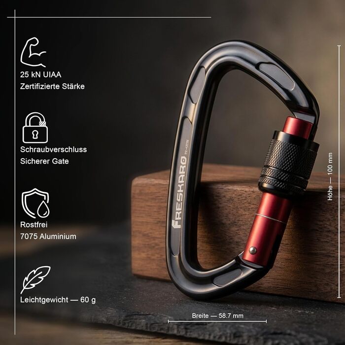 Карабін FresKaro 25kN, чорний, гвинтовий затвор, сертифікований CE карабін для спуску на мотузці, повідці для собак, великий, надзвичайно міцний 2550 кг, легкий, стійкий до іржі, міцний, матеріал авіаційний алюміній 7075, чорний - 2 шт.