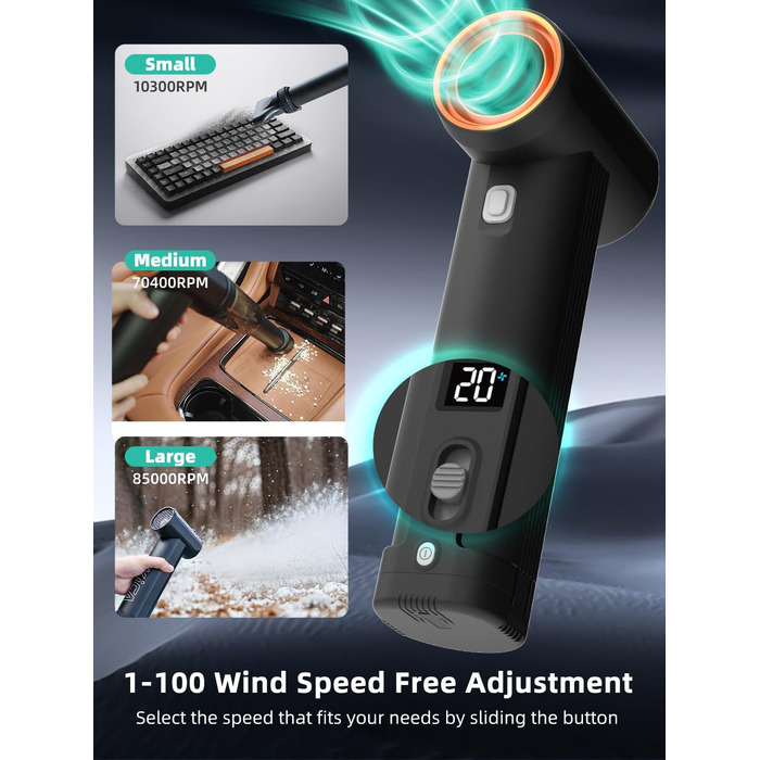 Електричний струменевий сухий повітродув, повітродув для металевого листя, повітродувка зі стисненим повітрям і повітродувка, автомобільна сушарка з потоком повітря 331 км/год для листя, снігу, крапель води та пилу в автомобілі