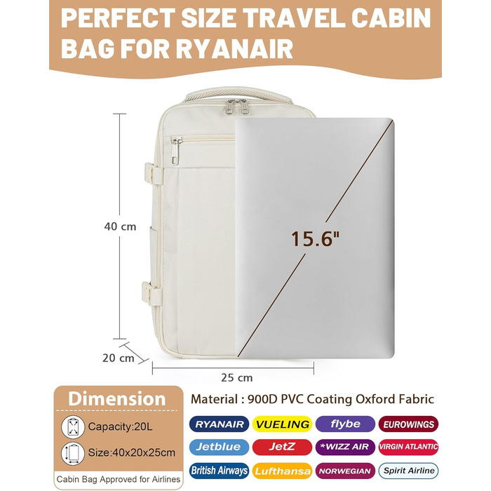 Рюкзак для ручної поклажі Ryanair 40x20x25, поклажа під сидінням, максимальний розмір поклажі для подорожей у салоні, сумка для перельоту, сумка для багажу на вихідні з плечовим ременем, сумка-дама, спортивна сумка - 20 л, колір слонової кістки 40x20x25 с