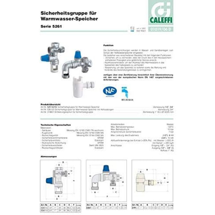 Група безпеки Caleffi 526142 для котла 1/2 дюйма із запірним, керованим зворотним клапаном