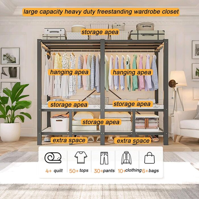 Складана шафа, 500 кг, тканинна шафа великої місткості 242 см з 2 рейками для вішалок, переносна тканинна шафа з чохлом для спальні (сірі двері D, 85 см) D Сірі двері 85 см