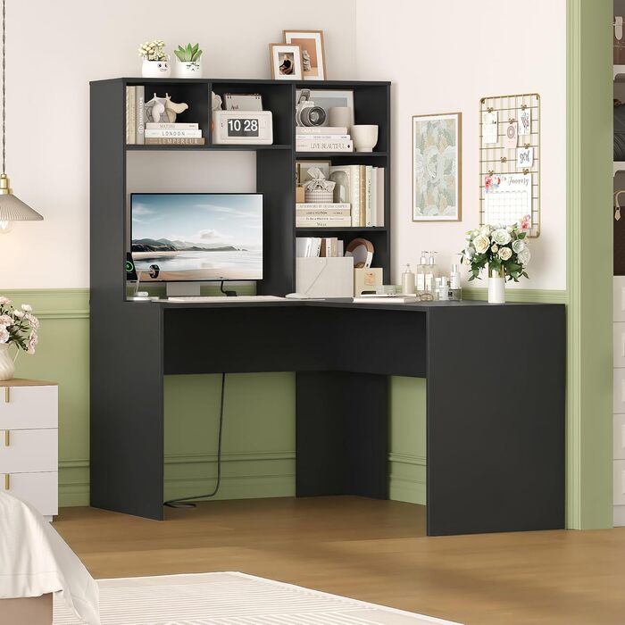 Кутовий письмовий стіл FirFurd з подовжувачем, L-подібний комп&39ютерний стіл з книжковою полицею, стіл для ПК/ноутбука для офісу, кабінету, вітальні, домашнього офісу, чорний, 153 x 125 x 108 см