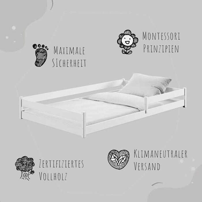 Дитяче ліжко Kids Collective, підлогове ліжко 120x200 см із захистом від падіння та рейковою основою, ліжко Монтессорі, дитяче ліжечко, юнацьке ліжко, односпальне ліжко (опція) з матрацом Біле 120x200 см без матраца, Біле