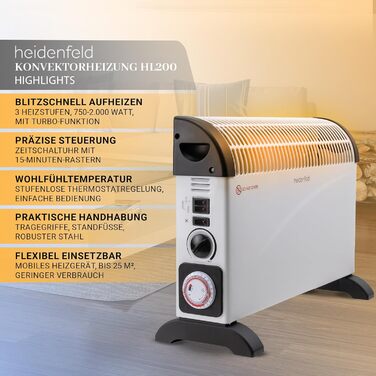 Електричний конвекторний обігрівач Heidenfeld HL200 Конвекторний обігрівач потужністю 3 Вт - 2000 Вт - конвектор - термостат - захист від замерзання - електричний обігрівач - опалення - вентиляторний обігрівач - до 25 м (з турбонаддувом)