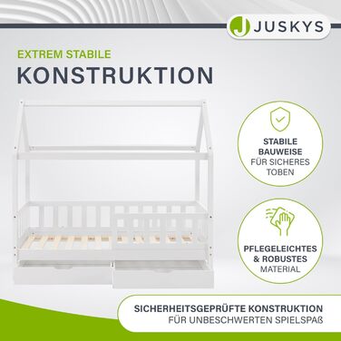 Дитяче ліжко Juskys Marli 90 x 200 см з матрацом, ящиком для ліжка, захисними поручнями, рейковою основою та дахом - Ліжко-будиночок з масиву дерева для дітей - Ліжко білого кольору