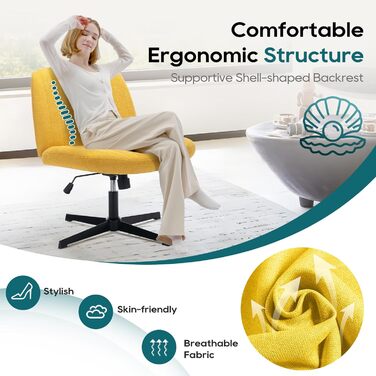 Широке офісне крісло COLAMY, м&39яке офісне крісло без підлокітників, поворотне крісло для домашнього офісу, функція гойдання 115, ергономічне комп&39ютерне крісло для домашнього офісу, макіяжу, ігор (хрестова основа, жовтий)