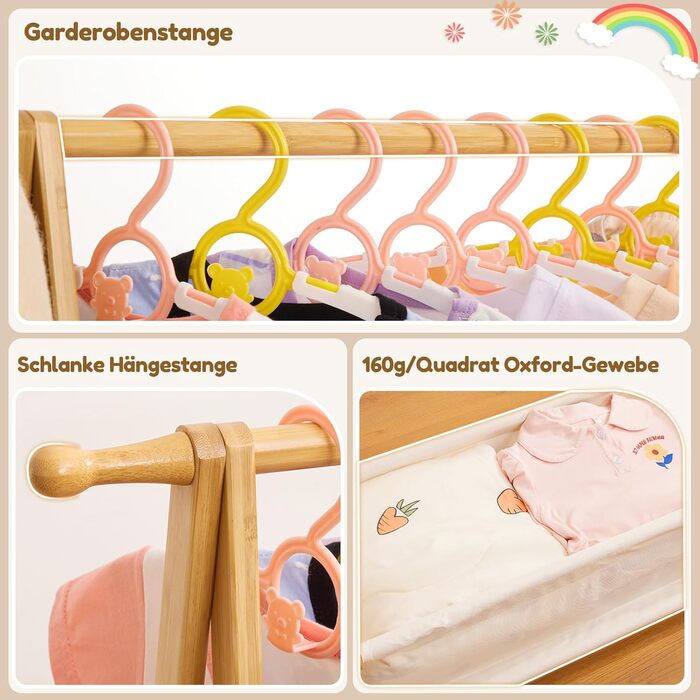 Бамбукова вішалка для дитячого одягу Yorbay з ящиком для зберігання, дитяча вішалка з рейкою для одягу, для дитячих кімнат, для ді