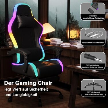 Ігрове крісло JUMMICO зі світлодіодним освітленням, круте гоночне ігрове крісло, ергономічне офісне крісло з функцією масажу, регульована спинка 90-135, з телескопічною підставкою для ніг, ігрове крісло вантажопідйомністю 150 кг, чорне