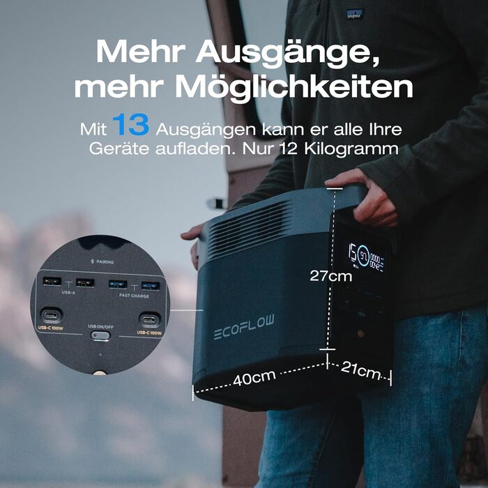 Портативна електростанція EF ECOFLOW Delta 2 1024 Втгод з кабелем XT60i, сонячний генератор з LiFePO4, розширювана ємність до 3 кВтгод, швидка зарядка від 0 до 80 за 50 хвилин, генератор енергії для кемпінгу/дому