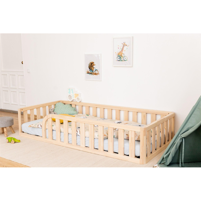 Ліжко Монтессорі, підлогове ліжко з рейковою основою, ліжко з захисними поручнями, дитяче ліжко, дерев&39яне ліжко з каркасом для хлопчиків та дівчаток, 200x120 см, натуральне дерево 200x120 см натуральне дерево - отвір для ліжка ліворуч