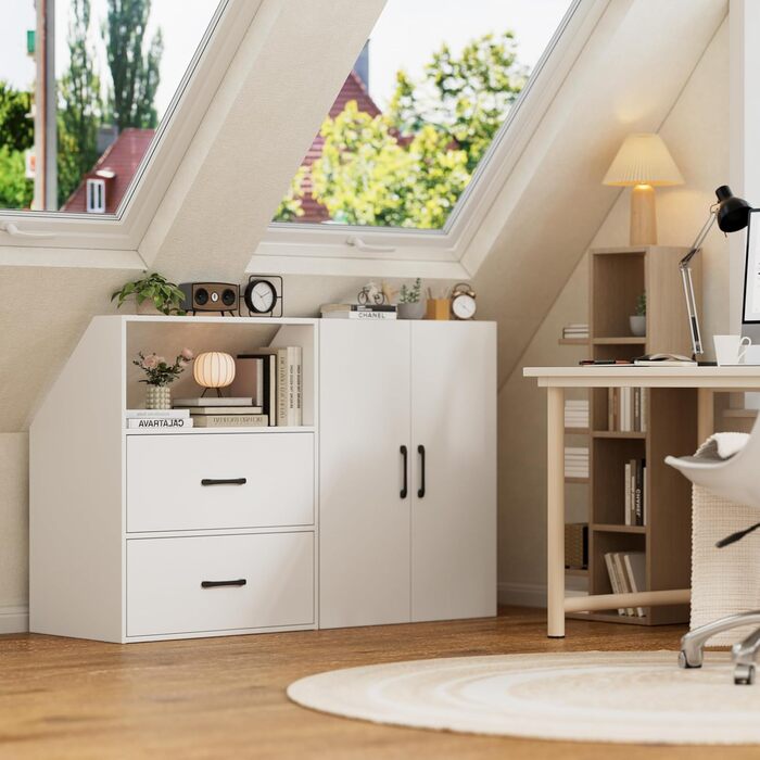 Похила стельова полиця MSFE з 2 дверима, 100x80x51,5 см, шафа для похилих стін у спальнях на горищі, біла дерев&39яна книжкова полиця, 4-рівнева полиця для похилих стель (2 двері)