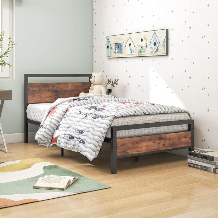 Ліжковий каркас HOJINLINERO Дерев'яне металеве ліжко 90x200 Металевий каркас ліжка з решітчастою рамою, металеве ліжко Vintage Bro