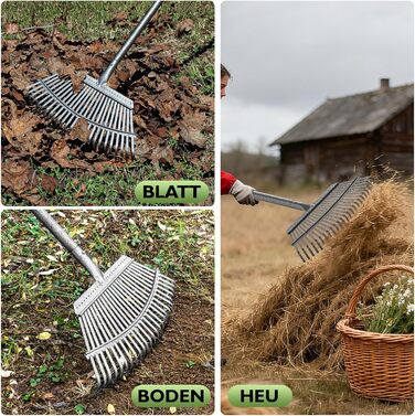 Садовий віяловий граблі Rechen Garten, 2511 зубців, металевий, з регульованою ручкою (70-185 см), для важкого листя, граблі для листя, трави та ґрунту, у комплекті з 2 парами рукавичок