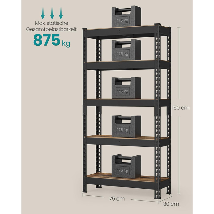 Швидкозбірний надміцний стелаж, окремостоячий стелаж, стелаж для зберігання, кухонний стелаж, 5 полиць, 30 x 75 x 150 см, вантажопідйомність до 875 кг, для підвалу, кухні, кабінету, вінтажно-коричневий GLR300B11