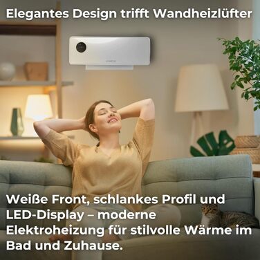Настінний вентилятор-обігрівач SwingAir 2000 Вт, керамічний настінний обігрівач, електричний обігрівач для ванної кімнати з коливаннями, світлодіодний дисплей, білий