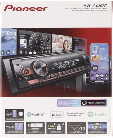 Приймач PIONEER 1-DIN з Bluetooth, червоним/білим підсвічуванням, роз'ємом USB/3.5 мм, Spotify, додатком Pioneer Smart Sync і сумісний з пристроями Apple і Android, червоний/чорний, MVH-S420BT чорний, червоний Bluetooth, iPhone Control Single